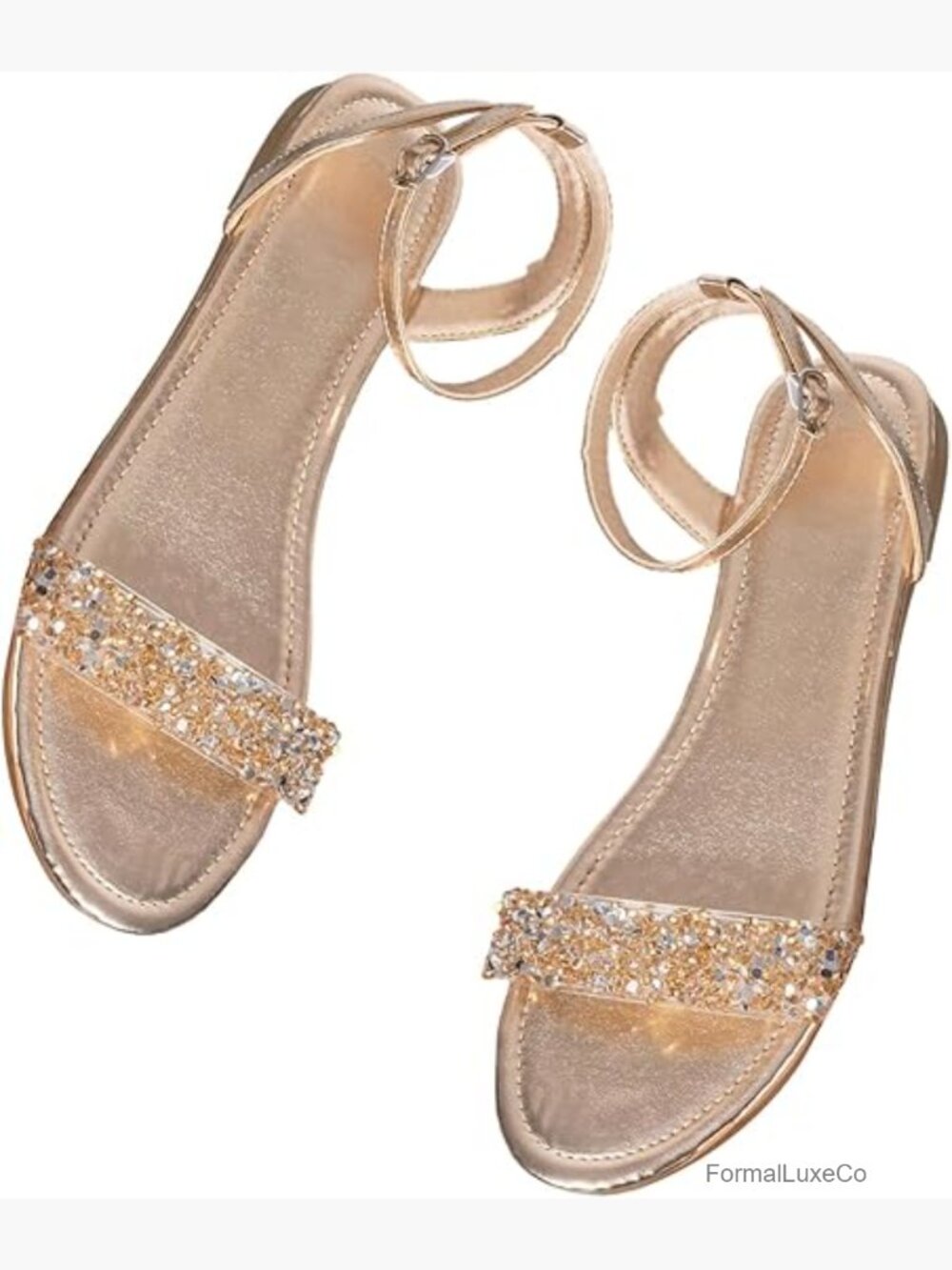 Women's Sparkly Flat Sandals Dressy Summer Ankle Strap Open Toe Bridal Wedding